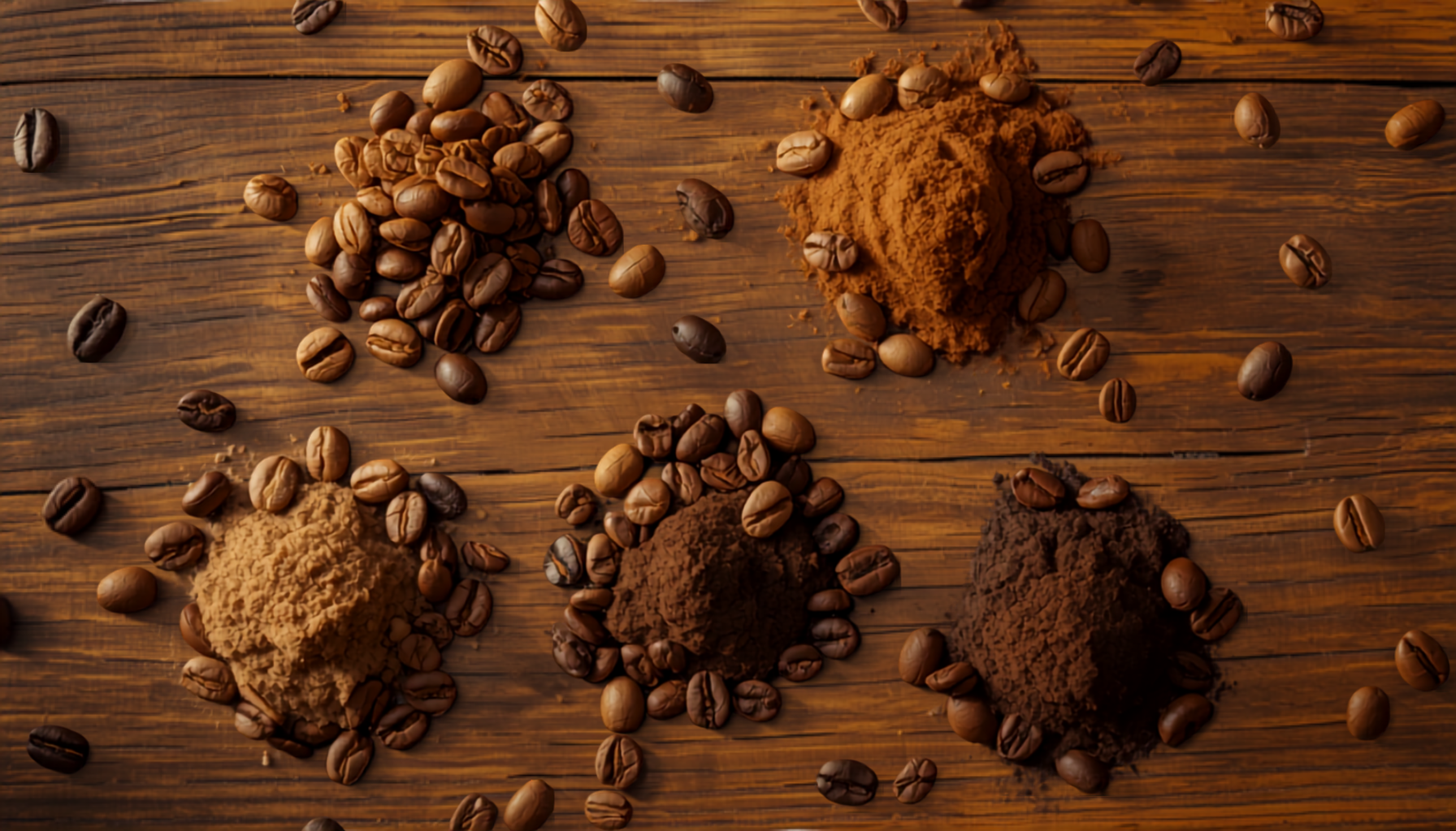 Six small piles of different roasted coffee beans arranged on rustic wood, warm natural light, suggesting a range of single origin coffees.