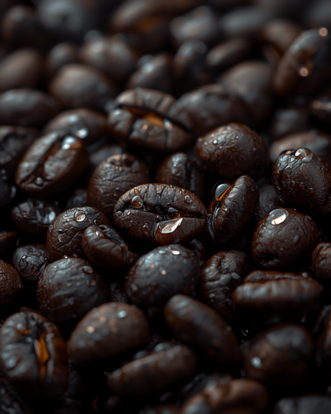 Close-up of dark roasted coffee beans with pure water droplets, mountain spring aesthetic.
