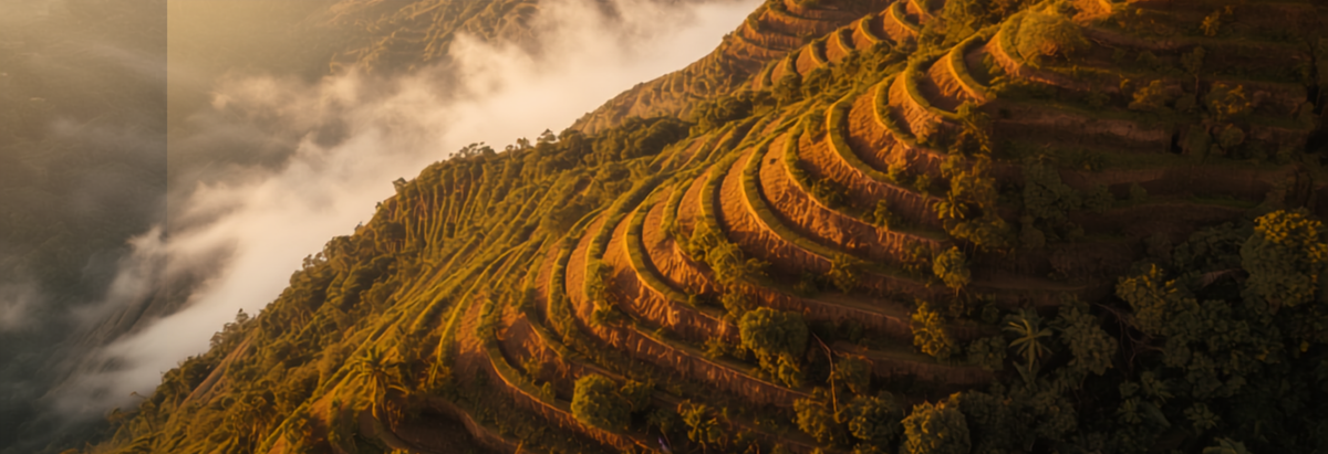 Aerial view of terraced coffee farms cascading down a misty mountainside showing varied terroir and altitude
