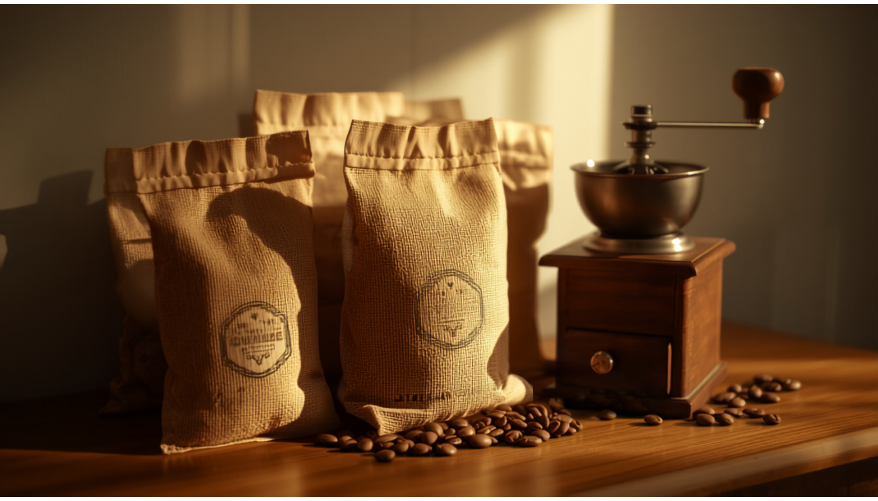 A selection of coffee bean bags and a grinder arranged on a kitchen counter, warm natural light, close-up cinematic shot.
