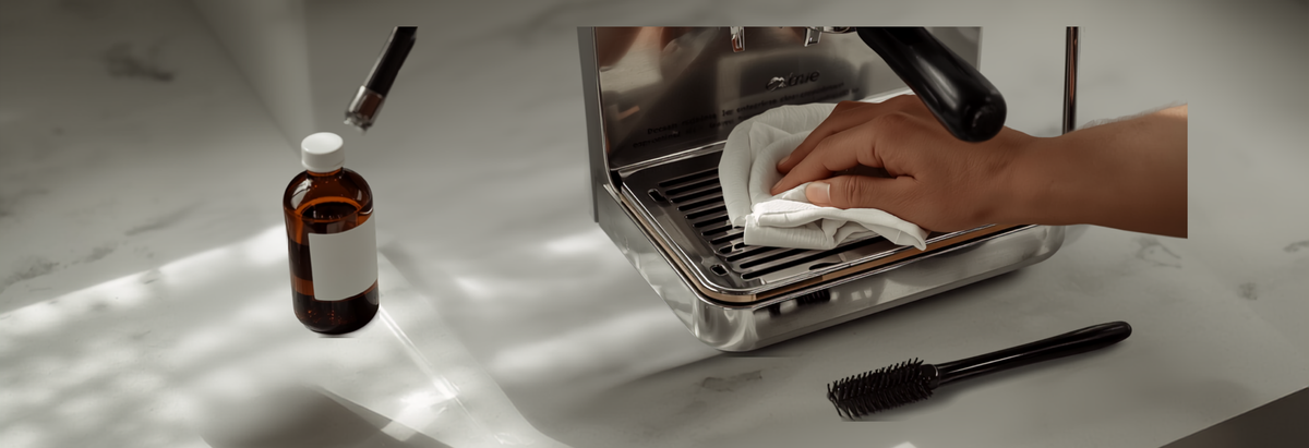 Hand cleaning a home espresso machine portafilter with descaling solution and brush on the counter