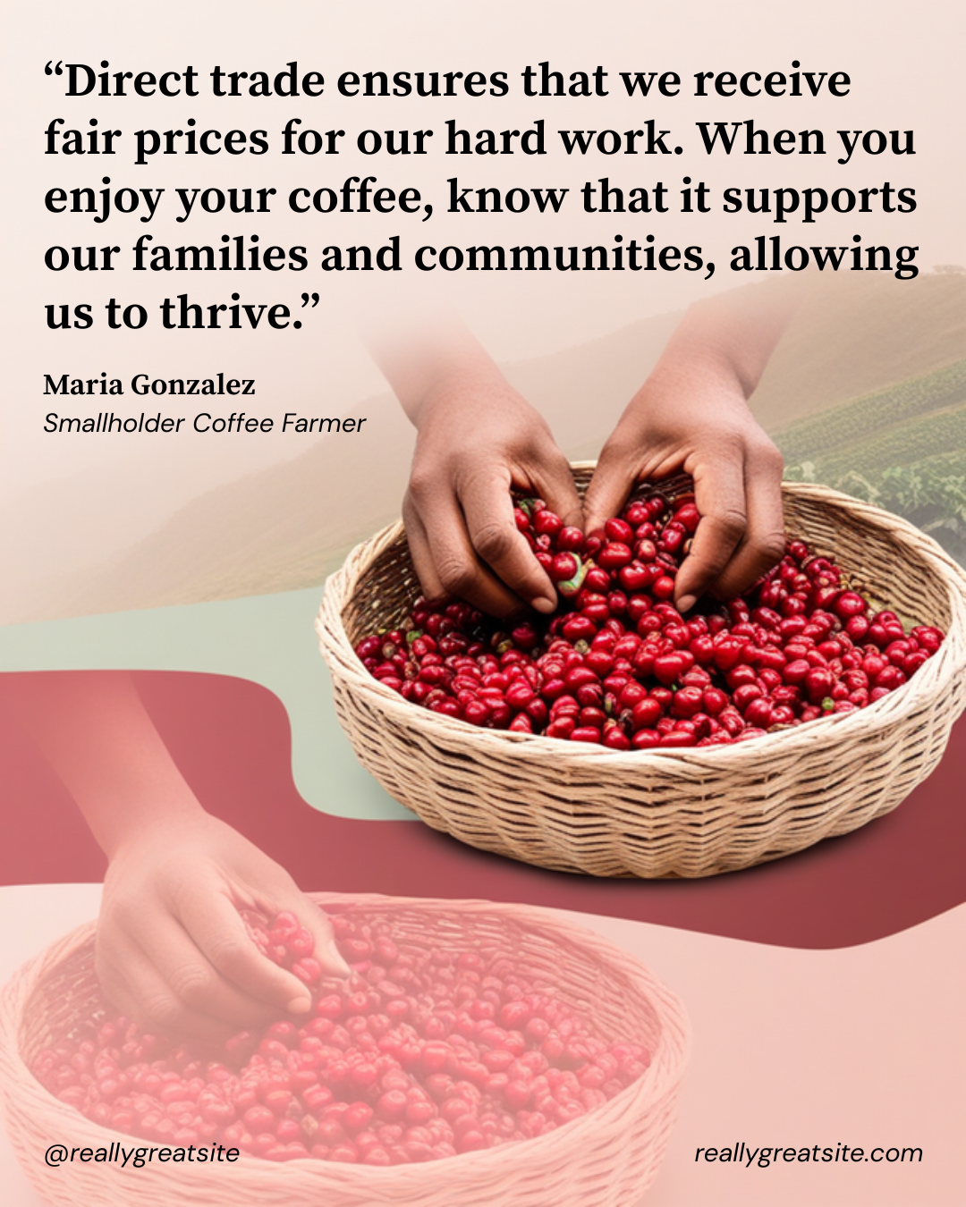 A smallholder coffee farmer's hands sorting ripe red coffee cherries in a woven basket on a mountain farm.