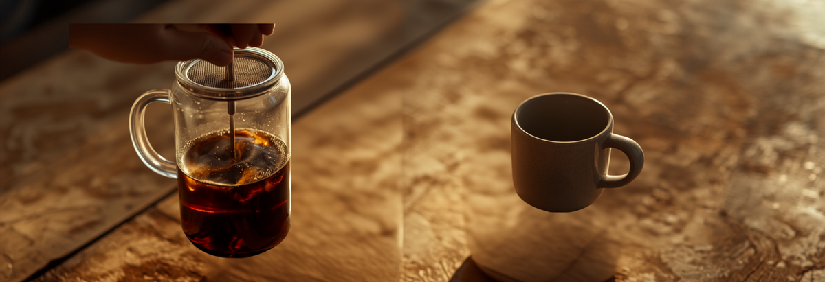 Hand pressing down the plunger of a glass French press cafetiere with brewed coffee visible inside