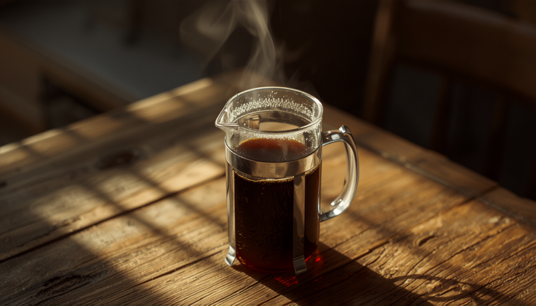 A glass cafetière filled with freshly brewed dark coffee on a rustic wooden table, warm natural light, steam gently rising.