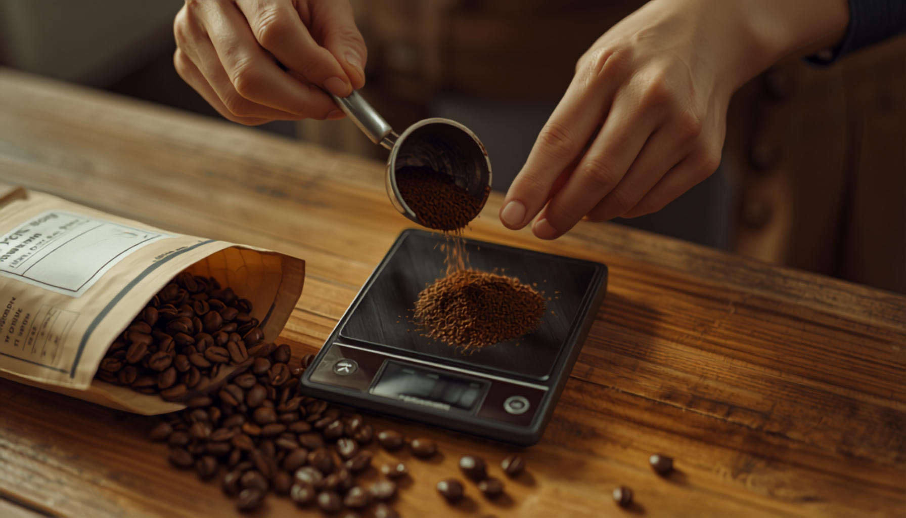 Ground coffee measured on a small digital scale next to a bag of beans on a kitchen counter, warm light, close-up cinematic shot.