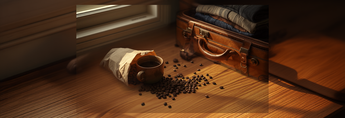 Cozy kitchen counter with a bag of coffee beans, a cup, and a packed travel suitcase suggesting a holiday pause