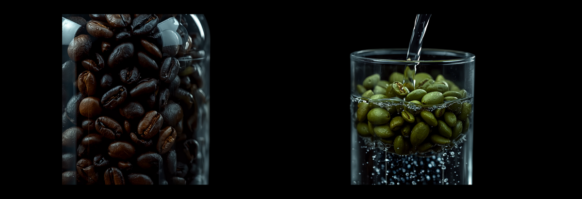 Roasted coffee beans in a glass jar beside green unroasted coffee beans in water, suggesting a water-based decaffeination process.
