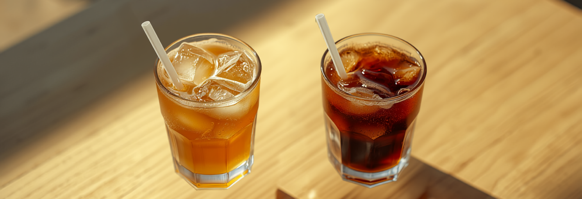 Two glasses of iced coffee and cold brew side by side on a sunlit table with condensation