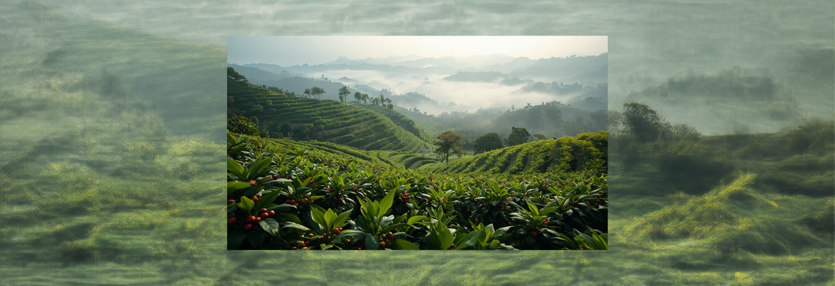 A lush green coffee farm on a terraced hillside with ripe coffee cherries and misty mountains