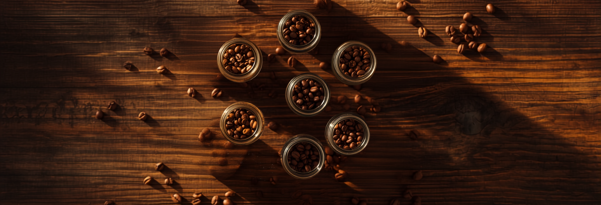 An overhead coffee cupping and tasting setup with several small cups of different roasted coffee origins