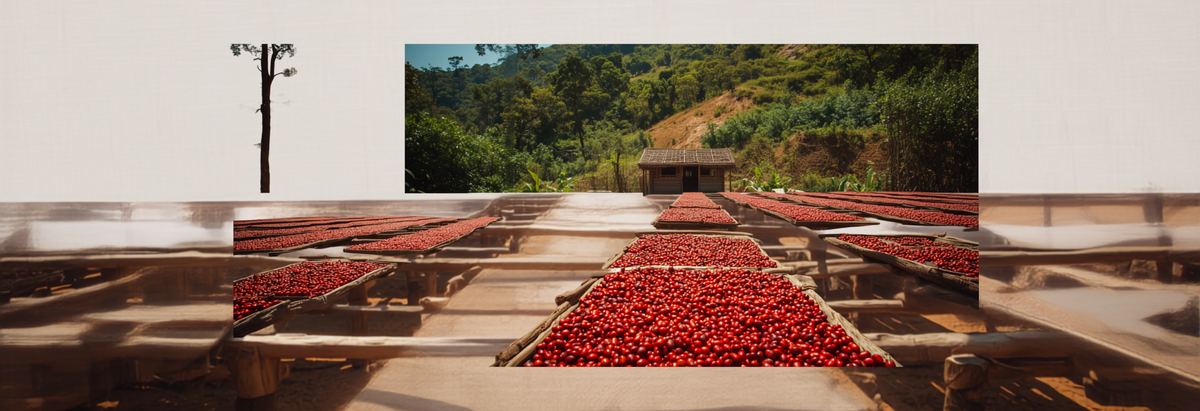 Coffee cherries drying on raised beds at a small Costa Rican micro-mill, with a lush green volcanic hillside in the background.