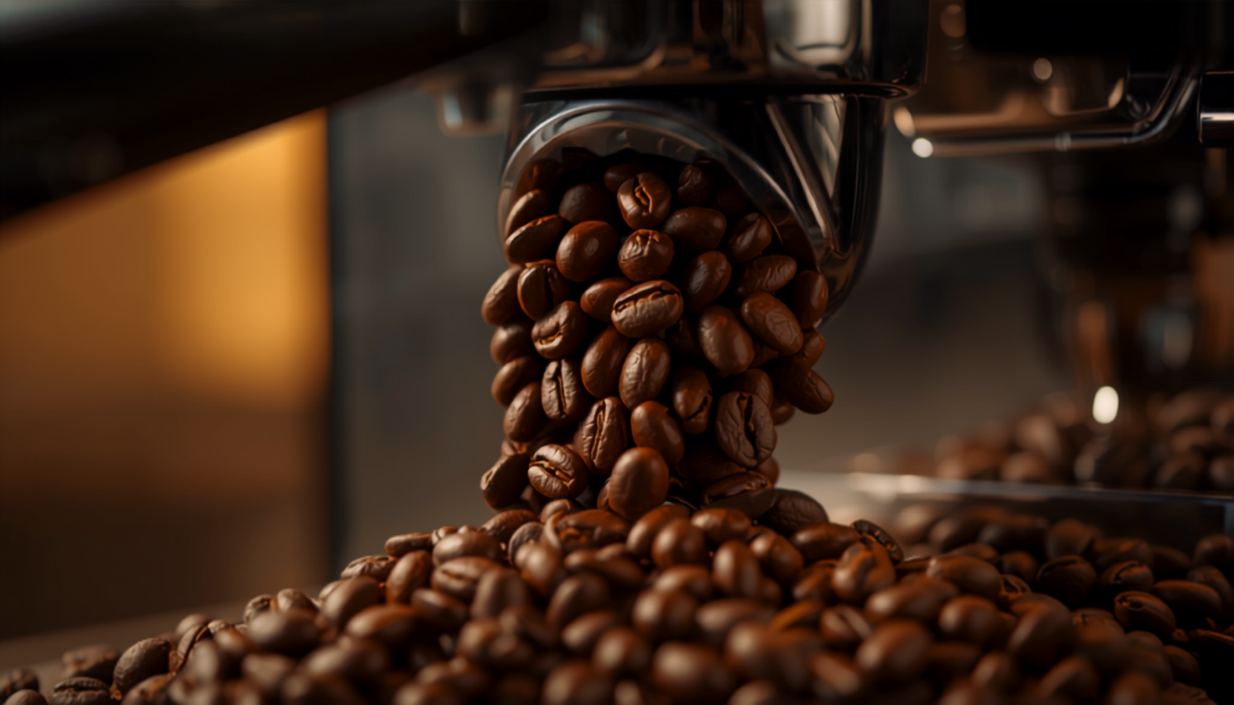 Whole coffee beans being poured into the hopper of a Sage espresso machine grinder, warm kitchen counter, close-up cinematic shot.