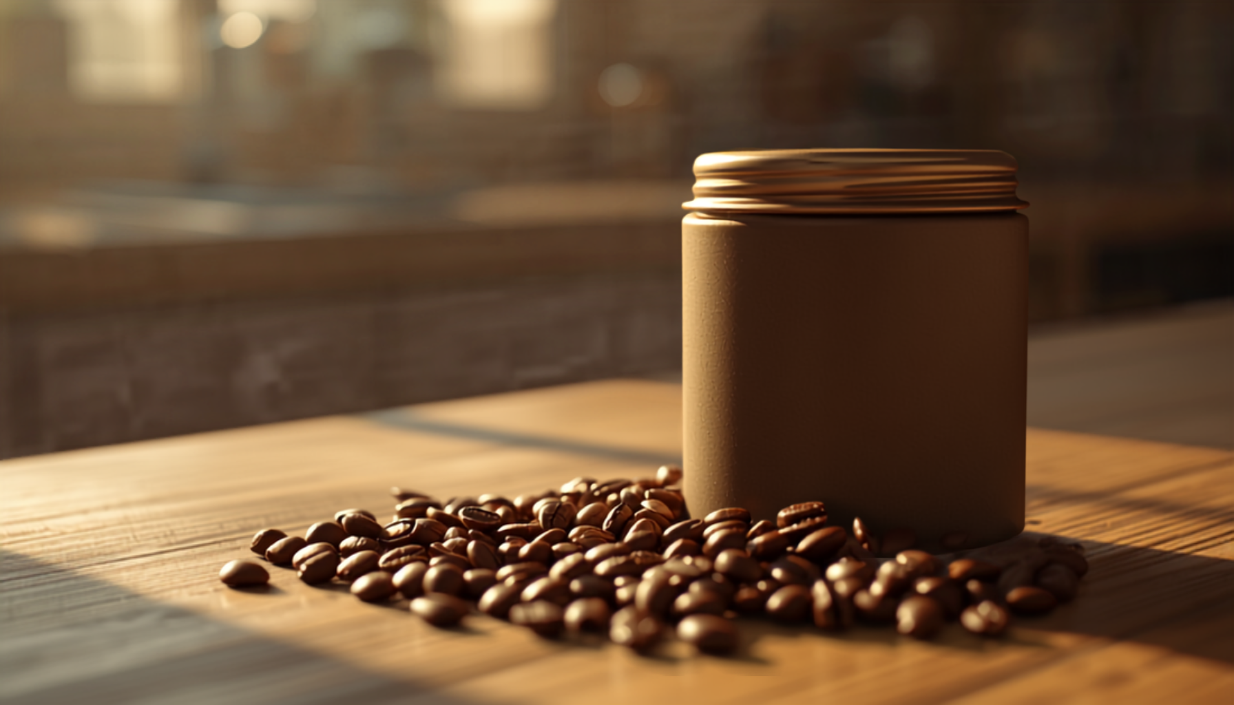 A sealed opaque coffee canister beside scattered roasted beans on a rustic wooden counter, warm natural light, cosy kitchen setting.