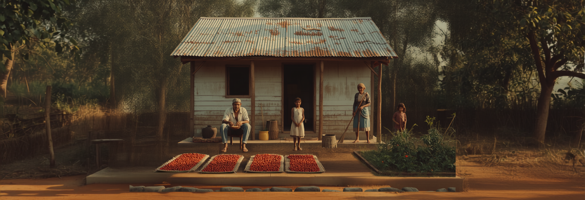 A small coffee farm with drying coffee on a patio, representing farmer livelihoods and daily life