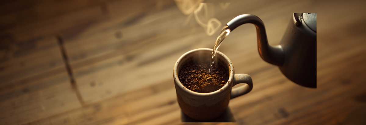 Simple mug of coffee being brewed with just hot water and coarse grounds, no machine, on a wooden kitchen counter
