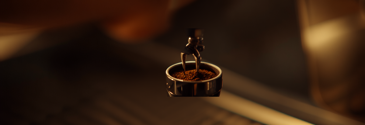 Hand pressing a metal espresso tamper down into a portafilter basket of coffee grounds