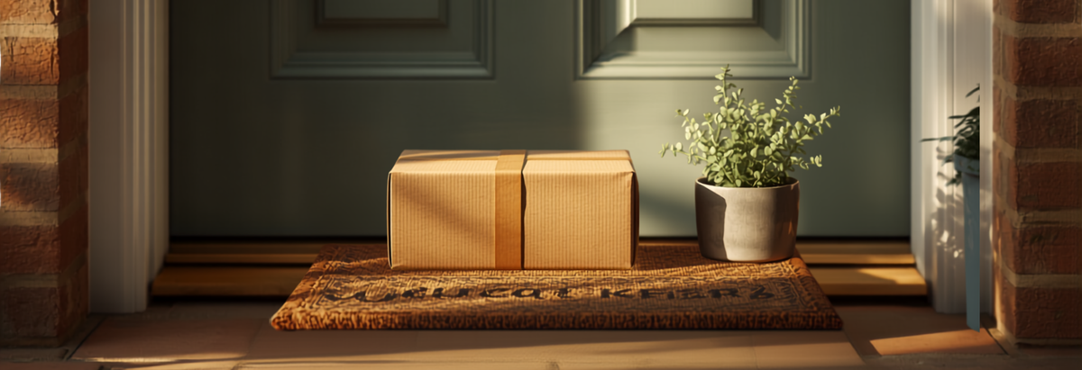 A parcel left safely on a doorstep beside a potted plant, illustrating a missed coffee delivery