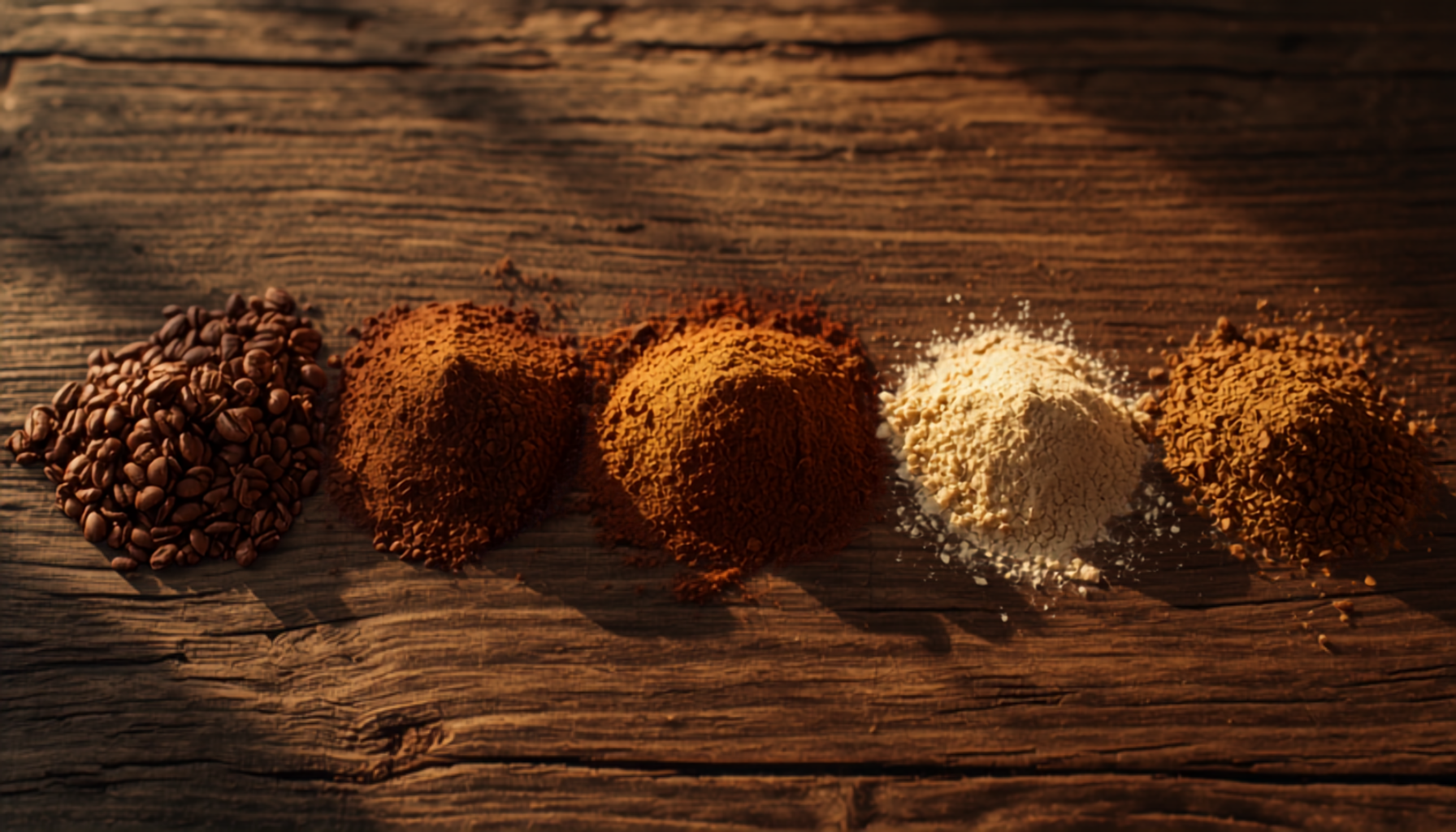 Close-up of ground coffee at different grind sizes arranged on a wooden surface, warm natural light, textured detail shot.