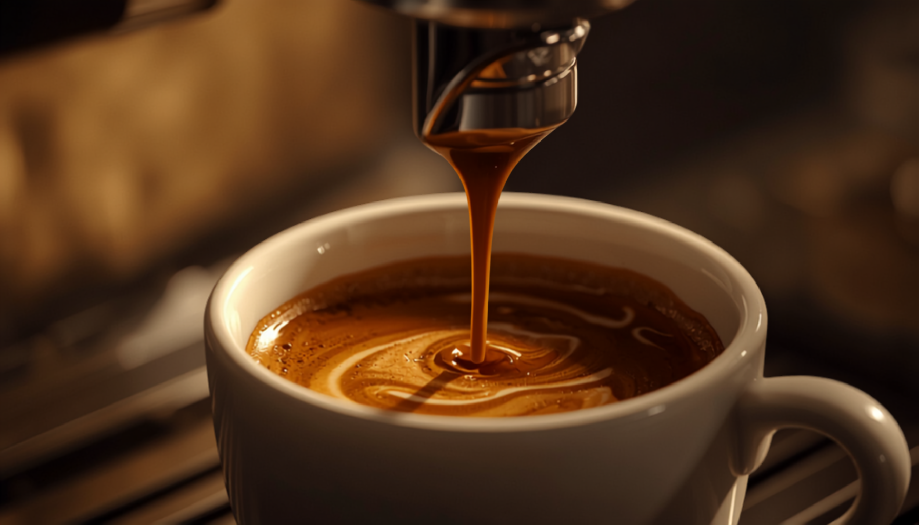 A slow, thick stream of dark espresso stalling as it pours from a portafilter, close-up cinematic shot, warm kitchen light.