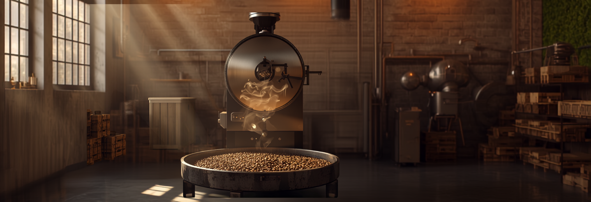 A modern coffee roastery with an industrial roasting machine and freshly roasted beans cooling