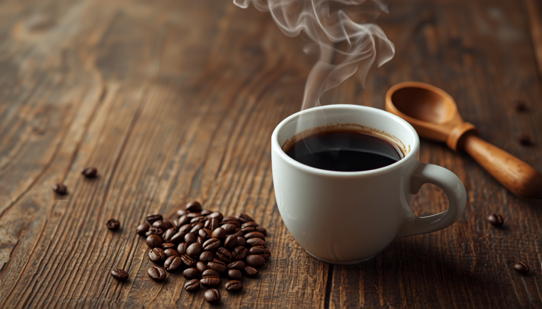 A steaming cup of freshly brewed coffee beside whole roasted beans and brewing equipment on a rustic wooden table, warm morning light.
