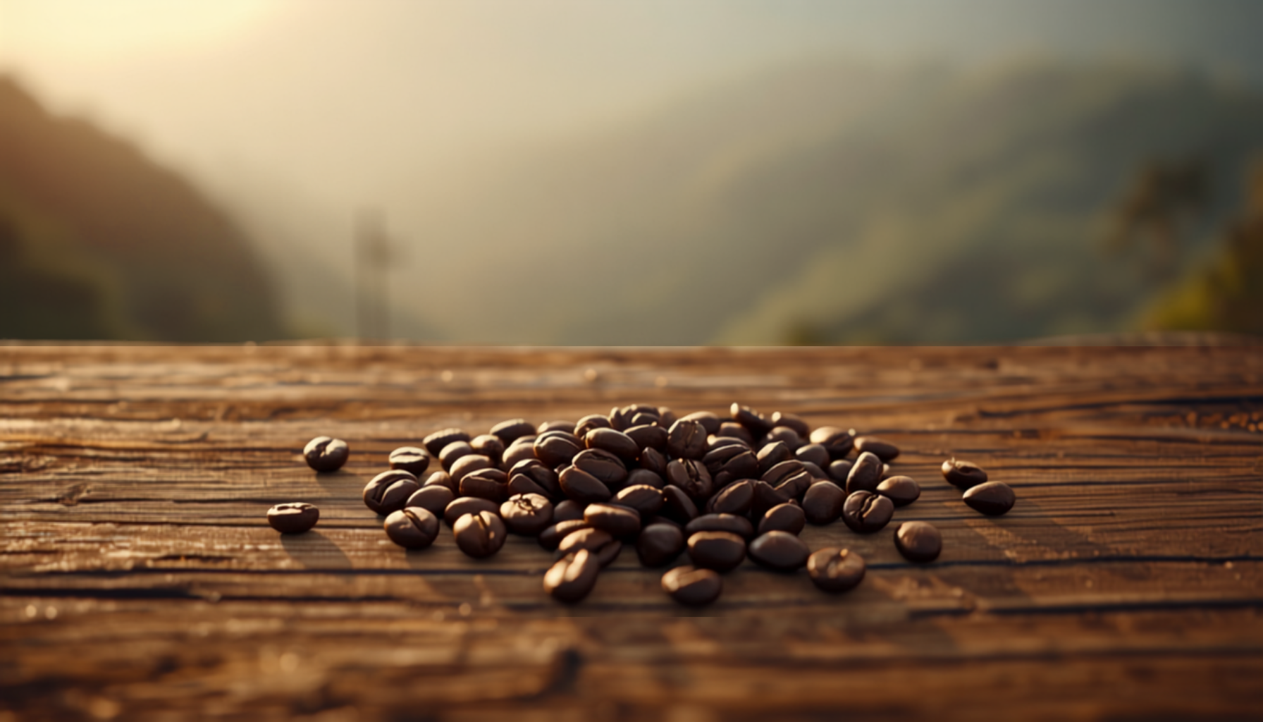 Scattered whole roasted coffee beans on rustic wood with misty volcanic highland terrain softly blurred behind in warm light.