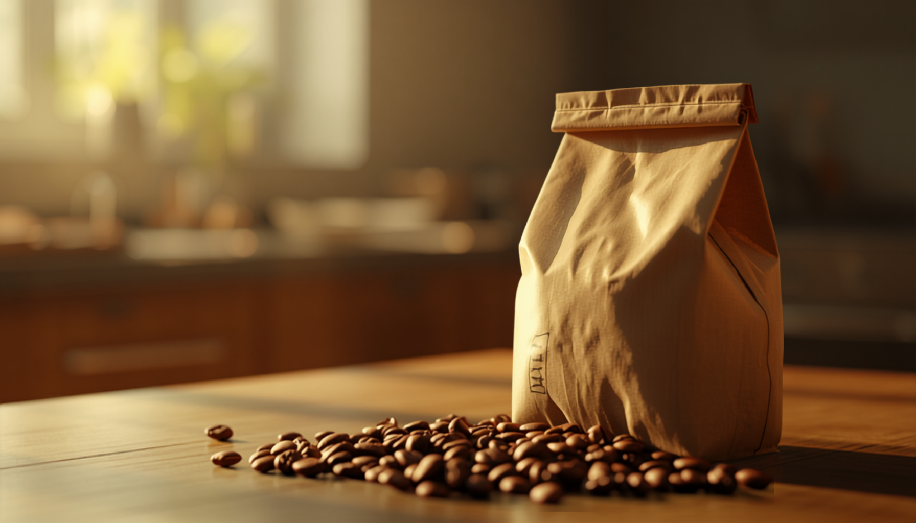 A bag of freshly roasted coffee beans and a delivery box on a doorstep, warm natural light, close-up cinematic shot.