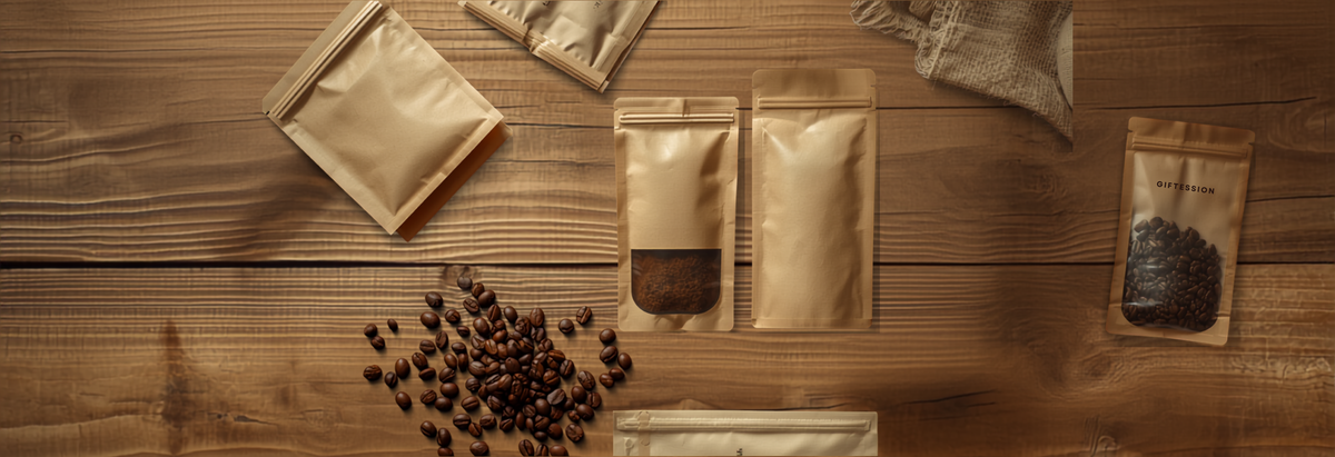 An overhead display of different coffee bag packaging materials including kraft paper and foil-lined pouches