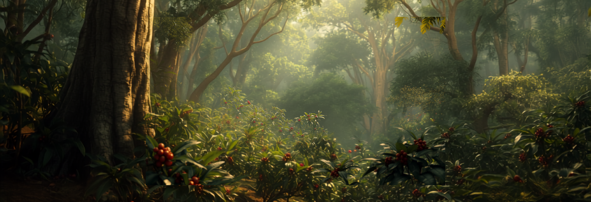 Coffee plants growing beneath a canopy of taller shade trees on a lush biodiverse farm
