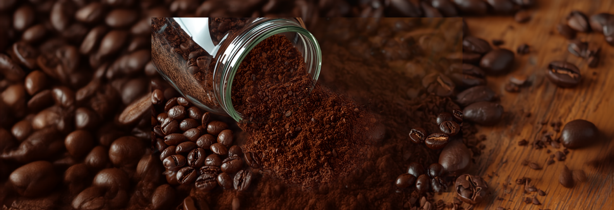 Fresh ground coffee in an open glass jar beside whole coffee beans on a wooden counter