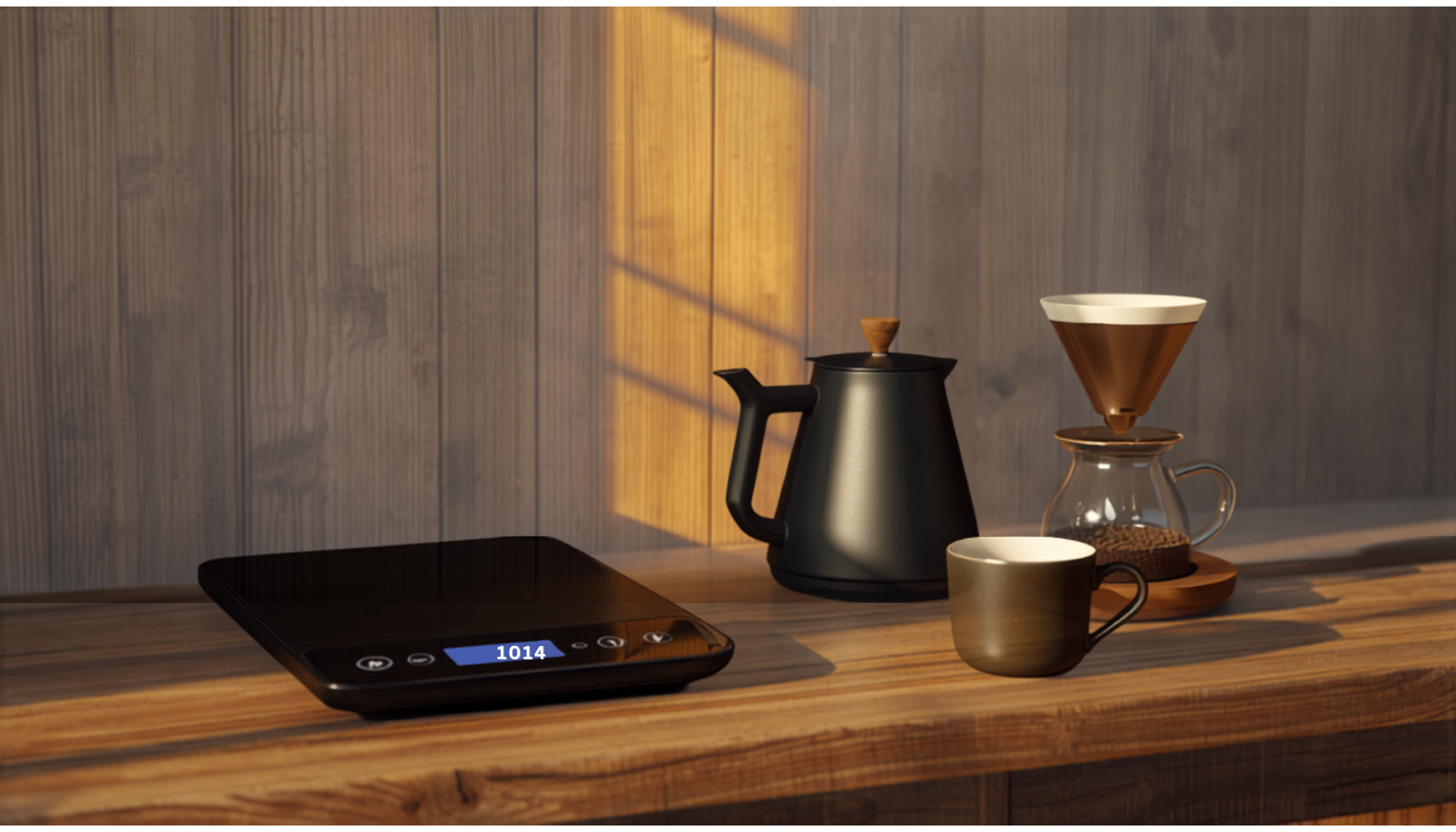 Digital kitchen scales weighing ground coffee beside a kettle and brewing equipment on a wooden counter, warm natural light.