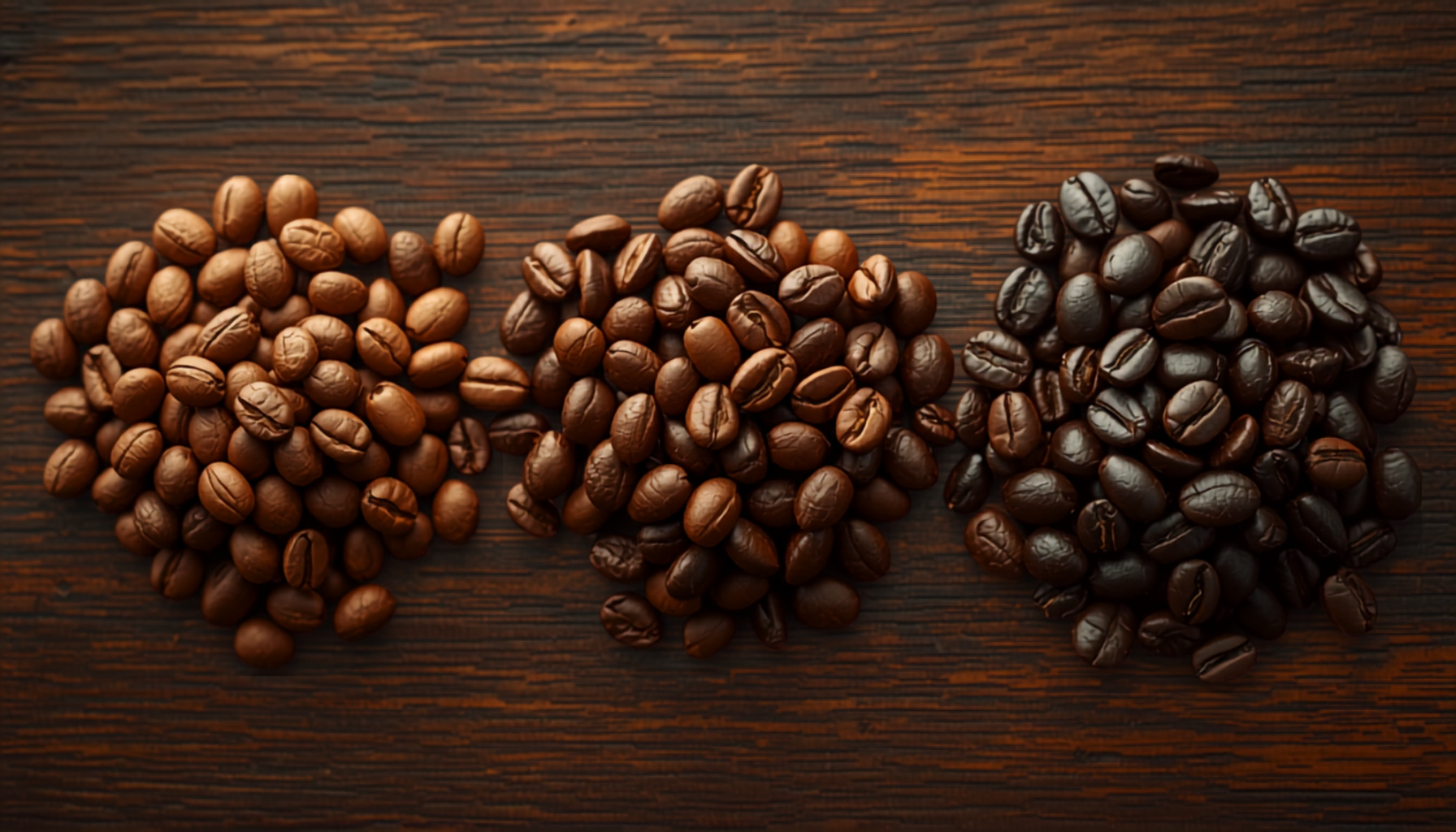 Three piles of coffee beans in a gradient from pale light roast to glossy dark roast on a rustic wooden surface.