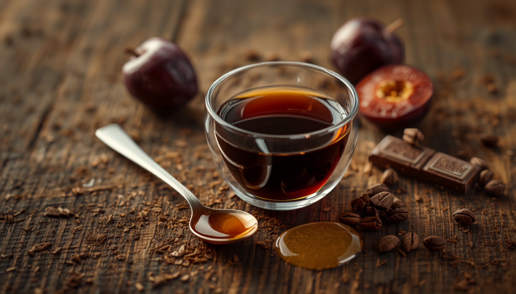 A cupping bowl of brewed coffee beside plum halves, chocolate and honey, styled in warm cinematic light.