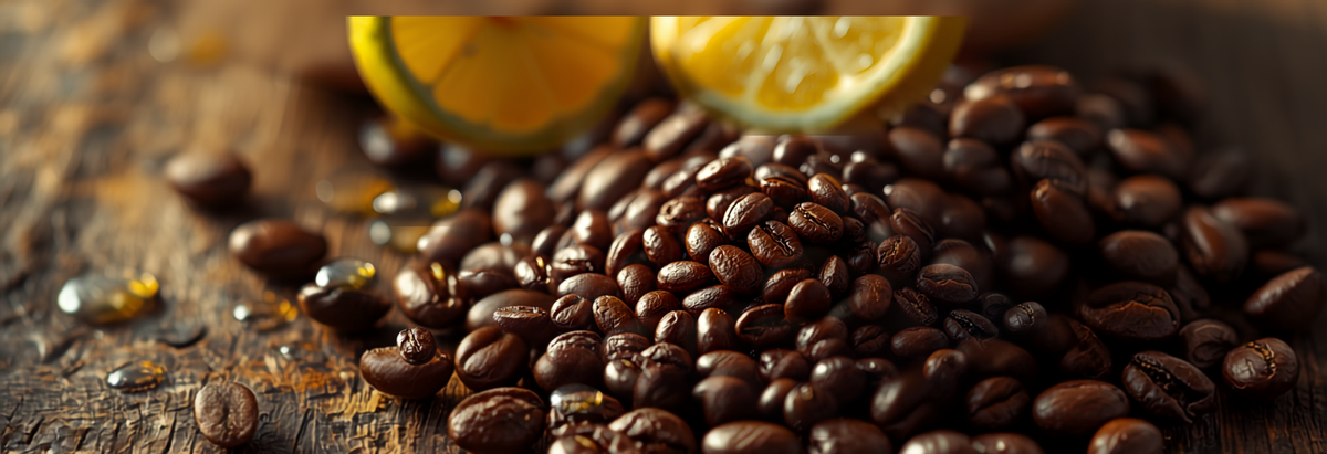 Whole roasted coffee beans beside a halved lemon and lime wedges on a rustic wooden surface, glistening with fresh citrus juice, evoking bright coffee acidity.