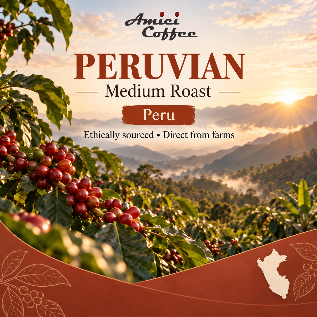 Coffee farm landscape in the Andes Mountains, Peru, origin of Amici Peruvian Single Origin