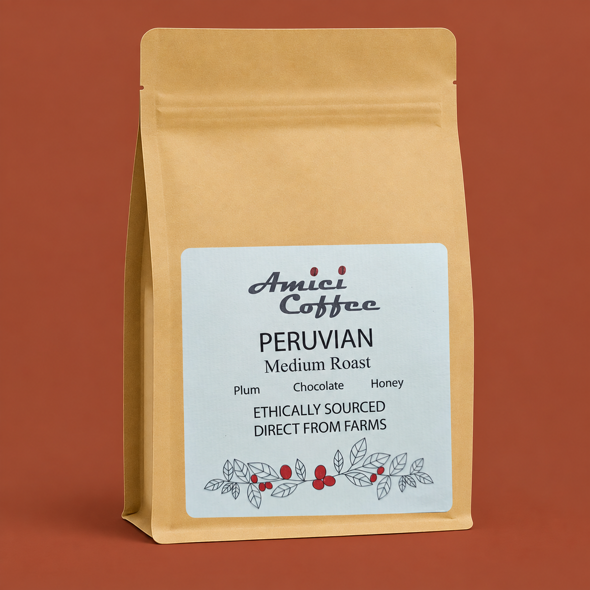 Amici Peruvian Single Origin coffee bag - front label, Andes Mountains coffee