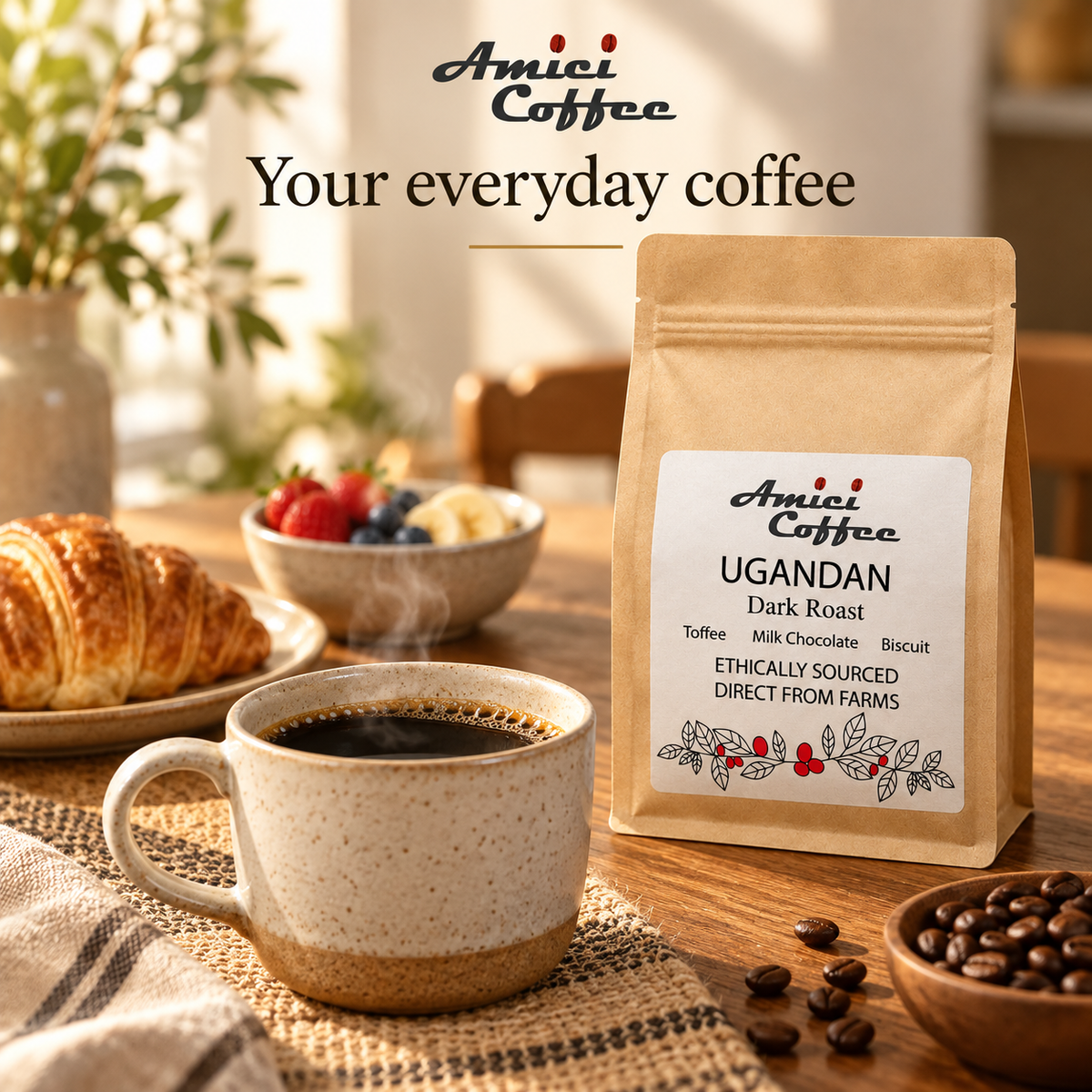 Amici Ugandan coffee with latte art served with breakfast