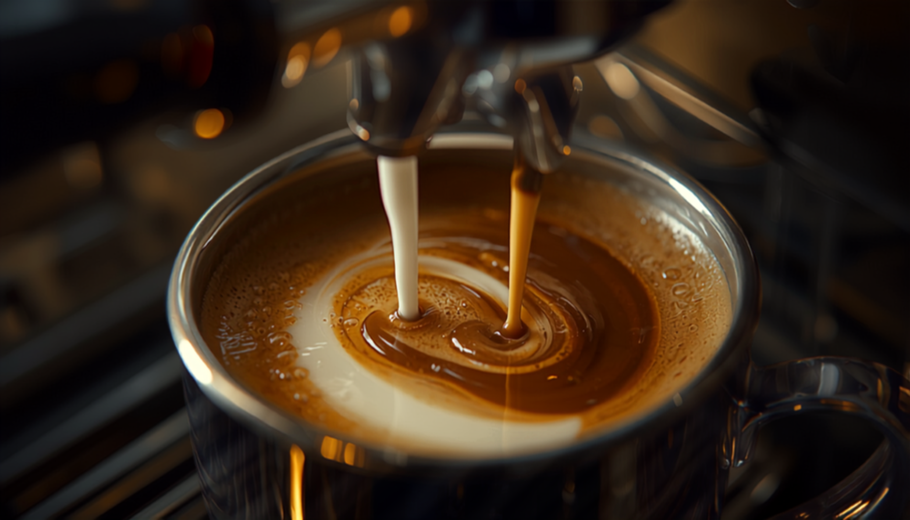 A barista steaming milk in a stainless steel jug under an espresso machine steam wand, glossy microfoam texture, warm kitchen light.