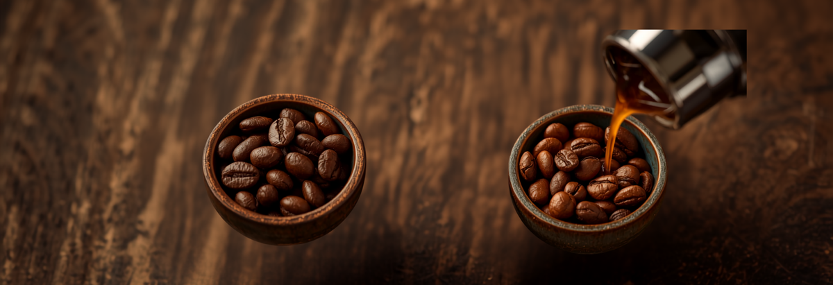 Two bowls of roasted coffee beans, one darker and one medium roast, beside a portafilter pouring a fresh espresso shot with crema.