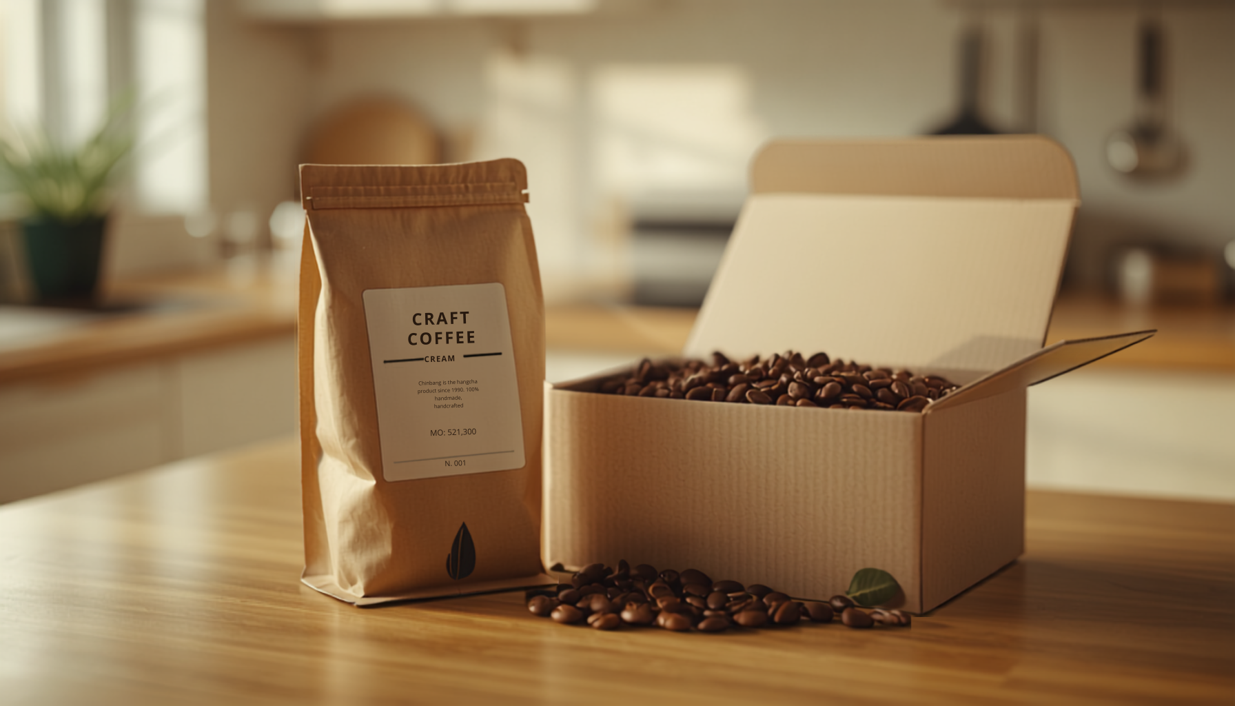 A single bag of coffee beans next to a subscription delivery box on a kitchen counter, warm natural light, close-up cinematic shot.