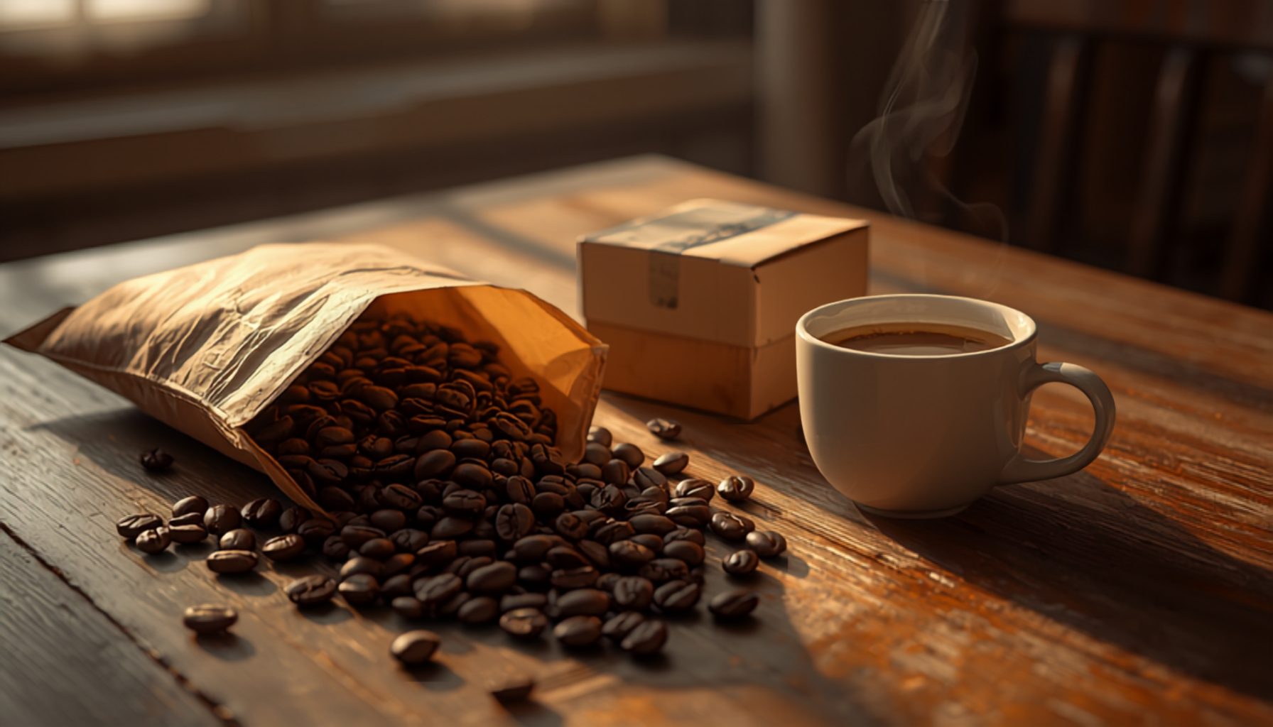 A subscription coffee bag and cup of fresh coffee on a kitchen table with a delivery box nearby, warm light, close-up cinematic shot.