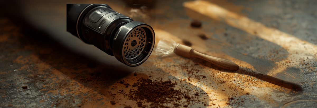 Disassembled coffee grinder parts with a cleaning brush and coffee residue on a kitchen counter