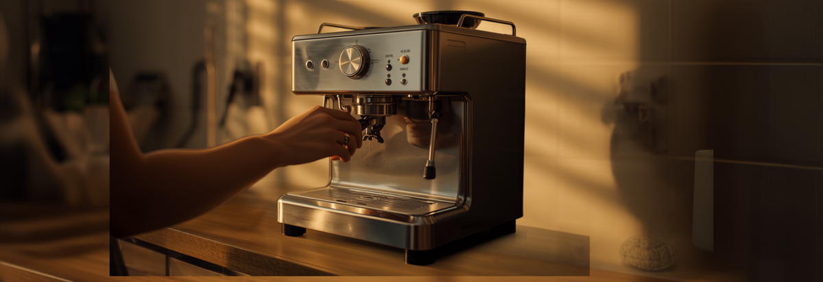 Modern stainless steel home espresso machine on a kitchen counter with a hand adjusting the portafilter