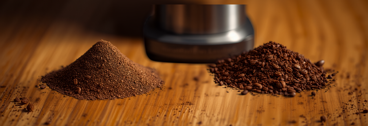 Close-up comparison of uniform coffee grounds from a burr grinder beside uneven inconsistent coffee particles