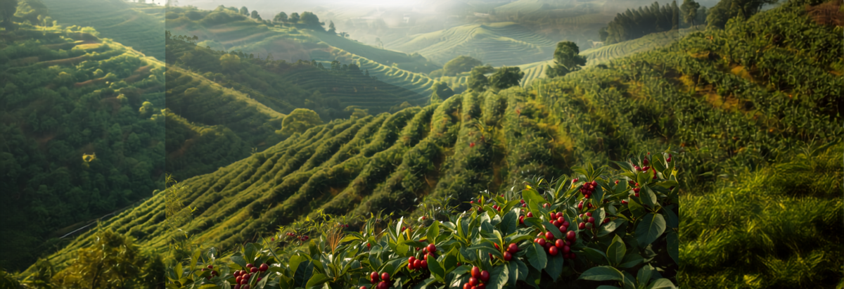 Rolling green terraced coffee hills in Rwanda with ripe red coffee cherries under misty morning light