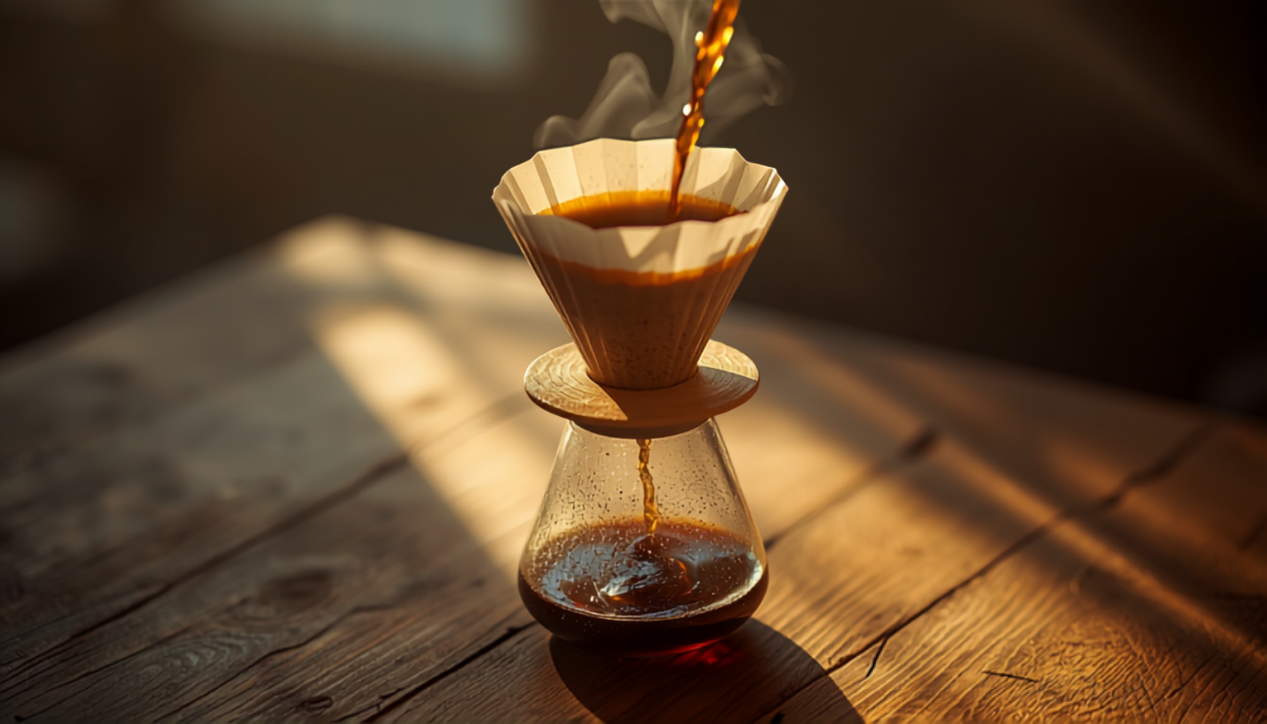 A pour-over dripper with coffee brewing, close-up cinematic shot, warm morning light on a wooden counter.