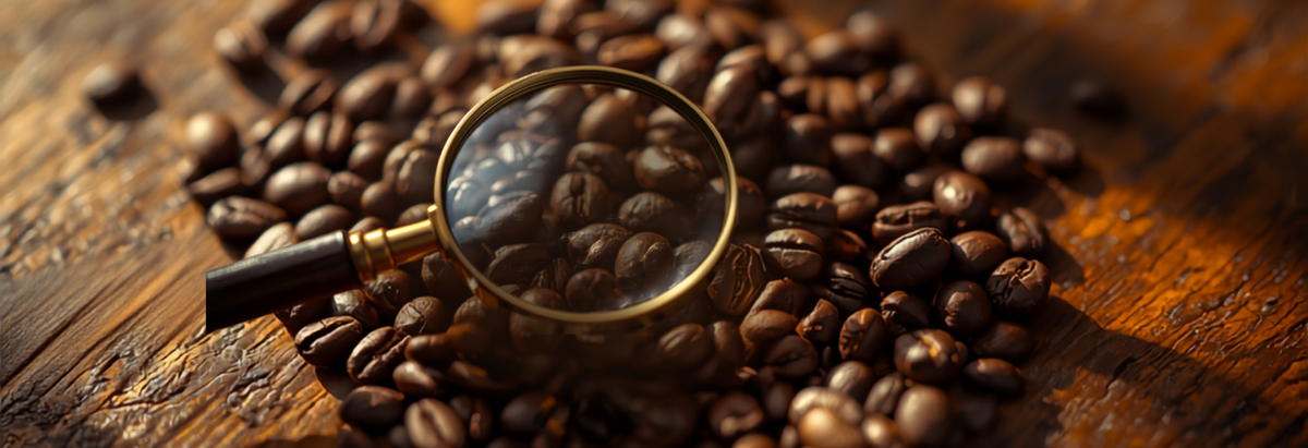 A magnifying glass held closely over a pile of roasted coffee beans, symbolizing careful scrutiny