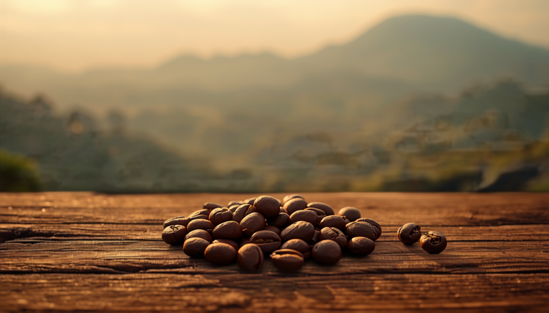 Glossy whole roasted coffee beans on rustic wood with misty green volcanic mountain slopes softly blurred behind in warm light.