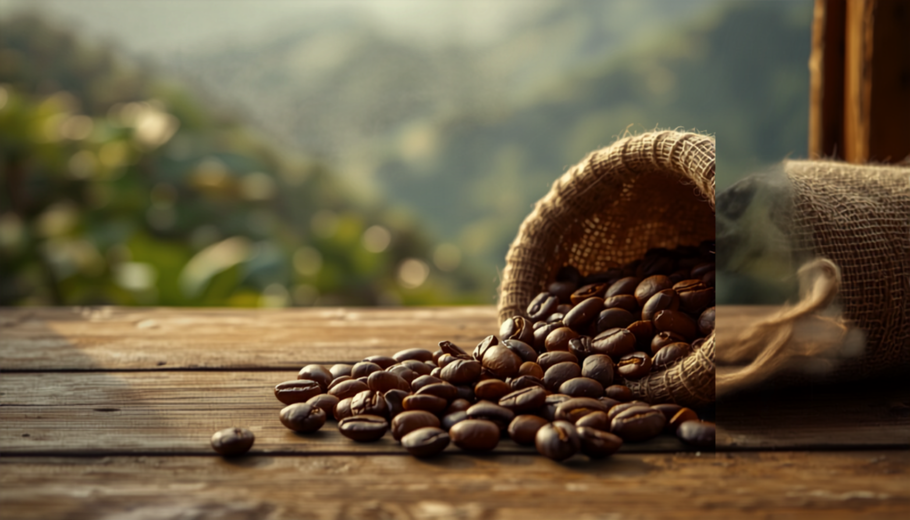 Whole roasted coffee beans beside a burlap sack on rustic wood, with soft Andean mountainside light in the background.