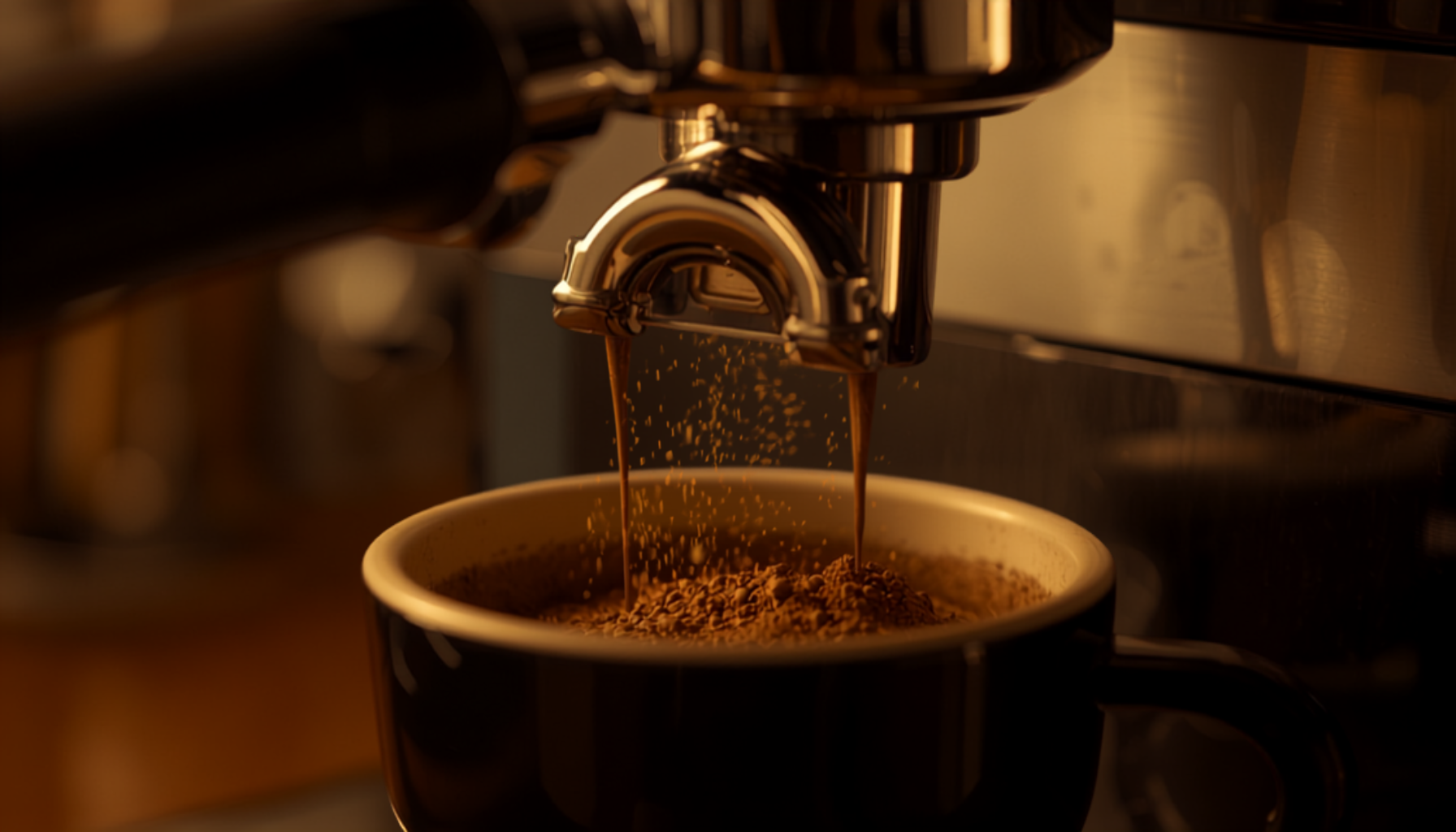 A Sage Barista Express machine with its built-in grinder dosing coffee into a portafilter, warm kitchen counter, close-up cinematic shot.